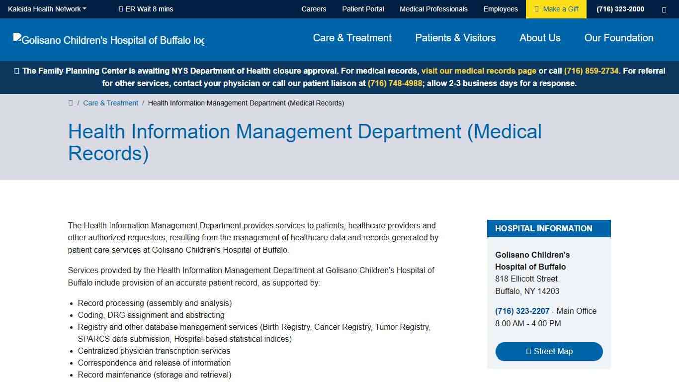 Health Information Management Department (Medical Records) Care & Treatment Golisano Children's Hospital of Buffalo